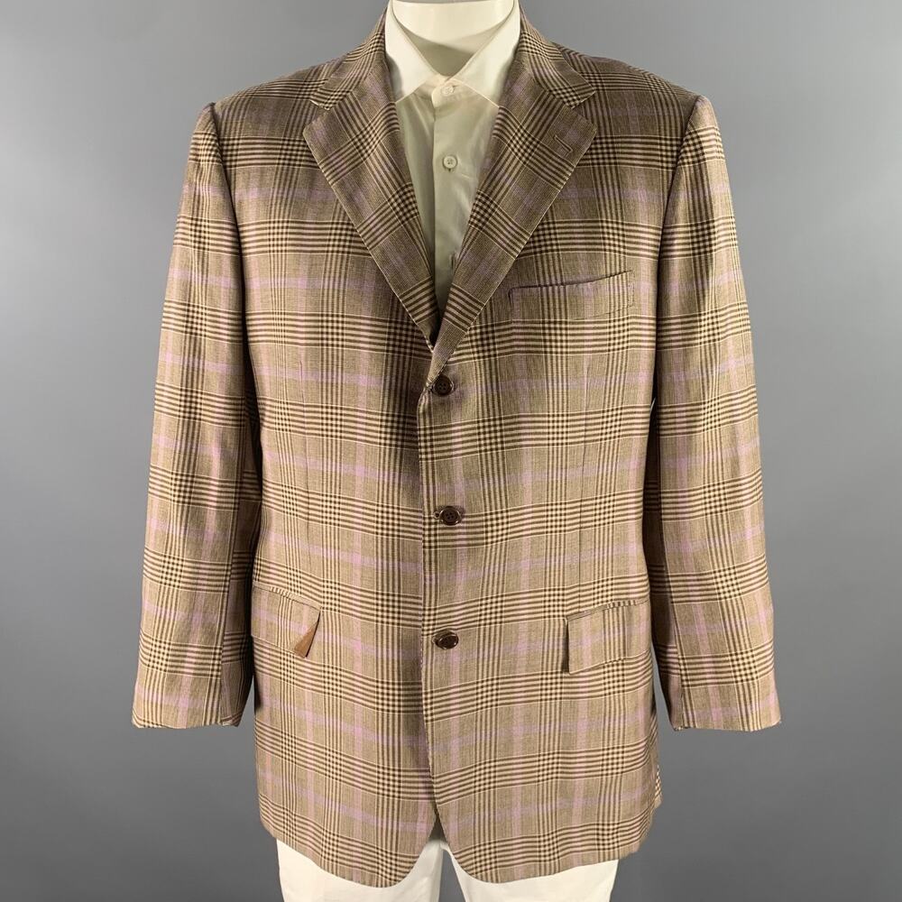 KITON Size 48 Brown Purple Glen Check Cashmere Notch Lapel Sport Coat